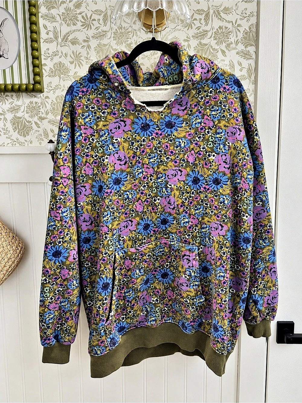 Natural Life Boho Floral Oversized Pullover Hoodie S/M Blue Purple Olive